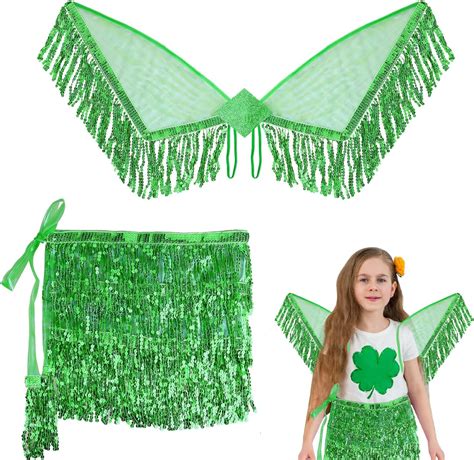 Alibbon St Patricks Day Costume For Women Glitter Green Sequins Wrap Skirt Tassel