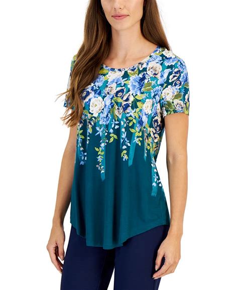 Jm Collection Womens Printed Short Sleeve Scoop Neck Top Created For Macys Macys