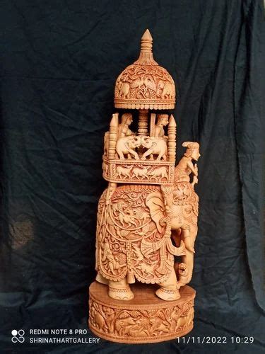 Brown Shrinath Art Gallery Wooden Carving Elephant Ambawadi For Home