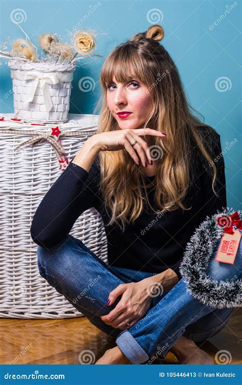 Beautiful Blonde Celebrating Christmas And New Year Stock Image Image Of Glitter Portrait