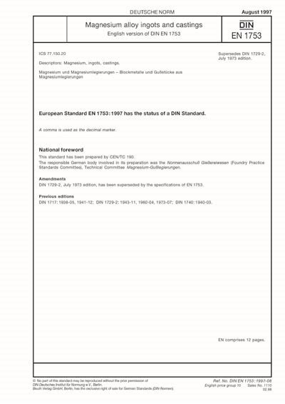 DIN EN 1753:1997 - Magnesium alloy ingots and castings