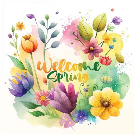 Pintura De Acuarela De Flores De Primavera De Bienvenida Vector Premium