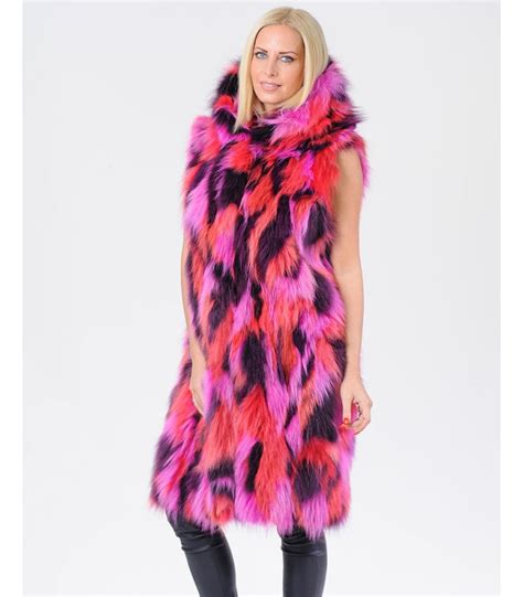 Alina Multi Color Fox Fur Vest With Hood Furhatworld