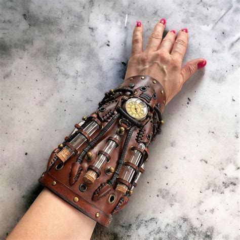 Wide Brown Steampunk Cuff Leather Bracelet Wrap Alchemist Potion