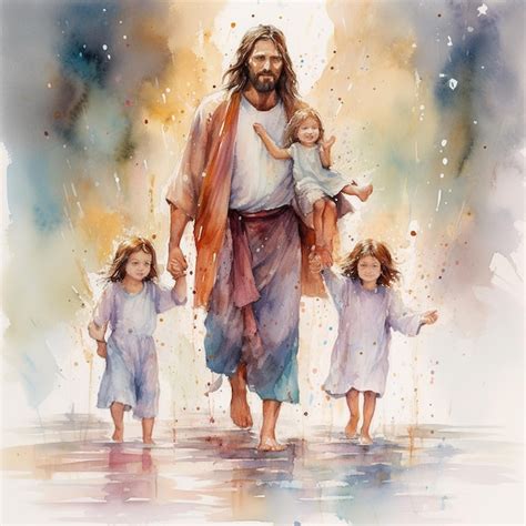 Premium Ai Image Watercolor Jesus Christ With Children