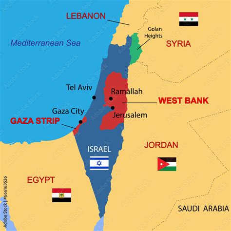 Israel Country Political Map Including Golan Heights West Bank And