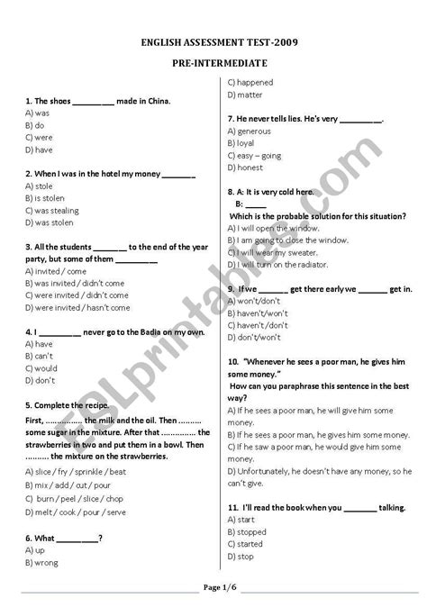 English Assessment Test For Pre Intermediate Level Esl Worksheet By