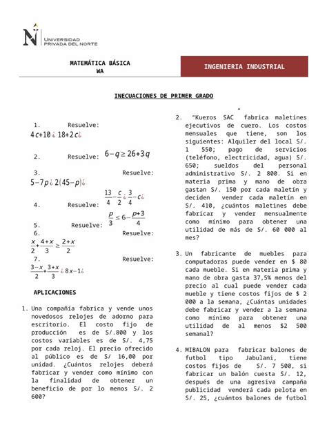 Docx Inecuaciones Lineales Cuadr Ticas Ecuaciones Exponenciales Y