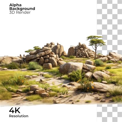 Premium Psd Savanna Grass Fields Meadow With Rocks On White Background
