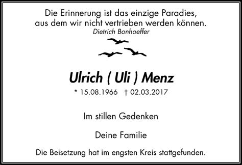 Traueranzeigen Von Ulrich Menz Trauer In Nrw De