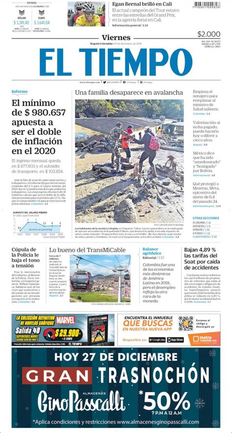 Periódico El Tiempo Colombia Periódicos De Colombia Edición De Viernes 27 De Diciembre De