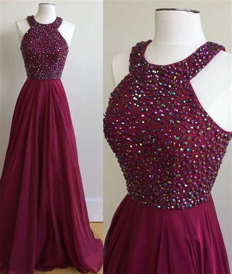 A Line Halter Maroon Chiffon Prom Dresses Crystal Beaded Long Formal