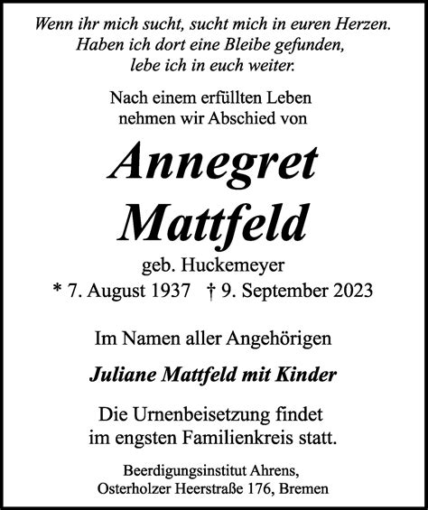 Traueranzeigen Von Annegret Mattfeld Trauer Gedenken