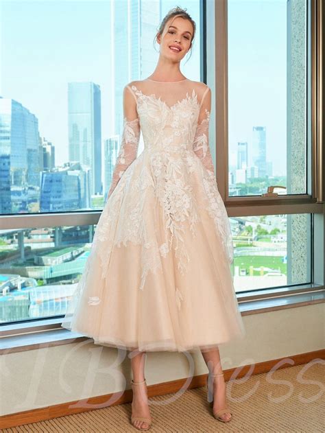 Illusion Neck Lace Appliques Tea Length Wedding Dress Tea Length