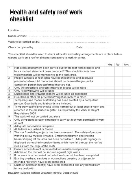 Health And Safety Roof Work Checklist Health And Safety Roof Work