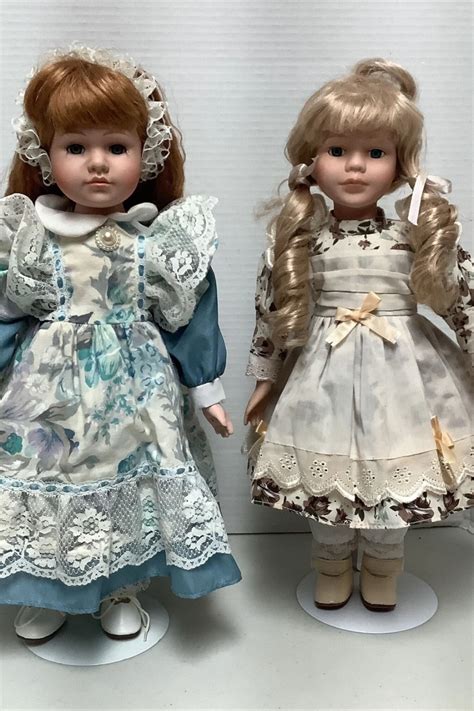 Lot Of 2 Cute 12 Porcelain Dolls Blonde Hair Blue Eyes Sailor And Country Patchwork Dresses