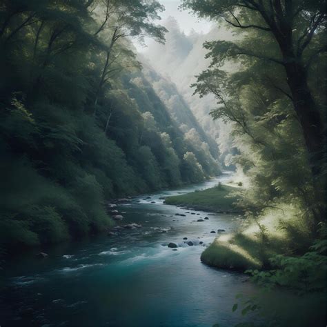 Premium AI Image A River Running Through A Lush Green Forest