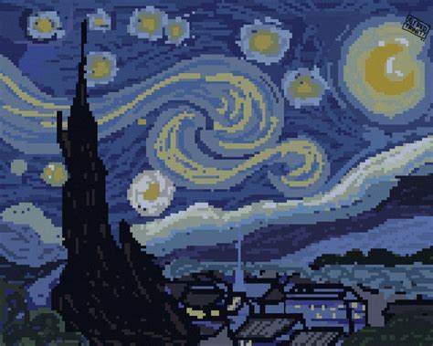 The Starry Night Pixal Art Red Artwork Starry Night Pixel Art