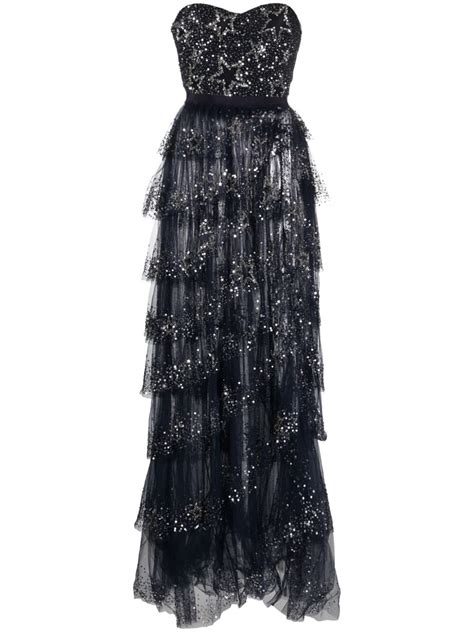 Elisabetta Franchi Embellished Tiered Strapless Gown Blue Editorialist