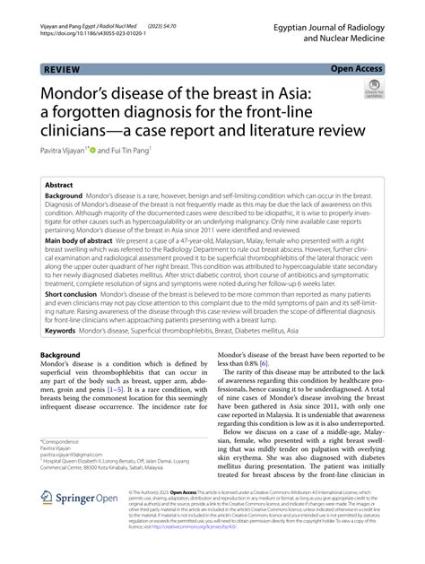 Pdf Mondor’s Disease Of The Breast In Asia A Forgotten Diagnosis For The Front Line