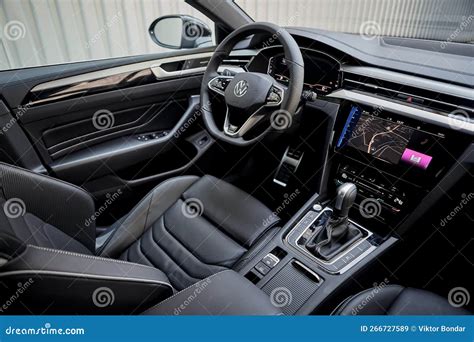 Vinnitsya, Ukraine - 14 July, 2022: Black Volkswagen Arteon R-Line Interior and Steering Wheel ...