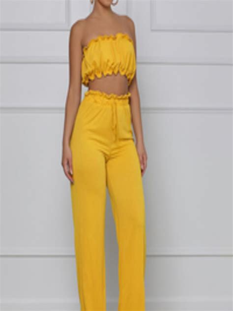 Buy Urbanic Mustard Yellow Solid Off Shoulder Co Ord Set With Ruffles