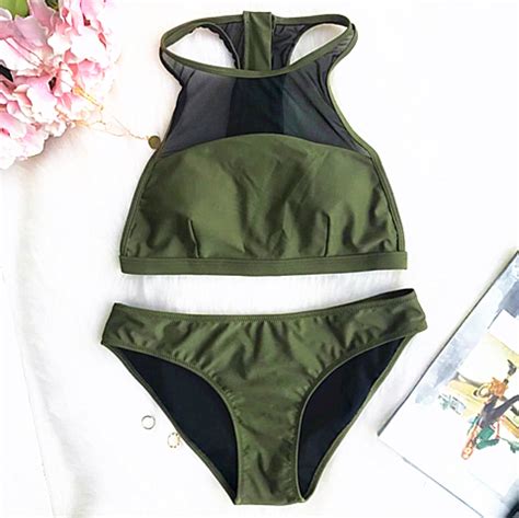Army Green High Neck Splicing Gauze Two Piece Bikini On Luulla