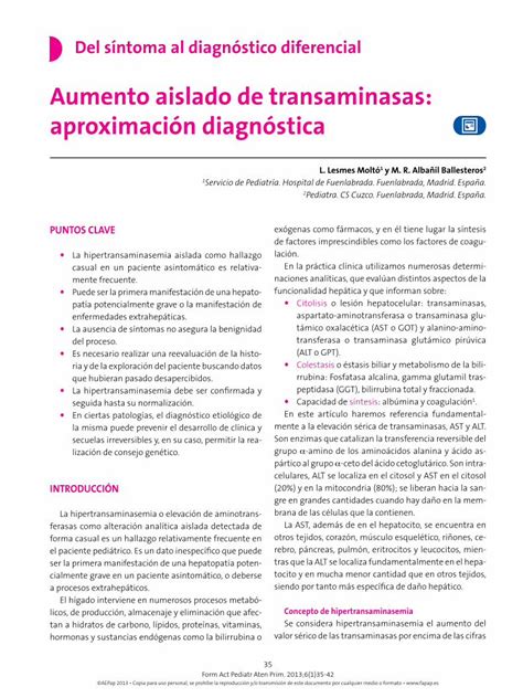 PDF Aumento aislado de transaminasas aproximación diagnóstica