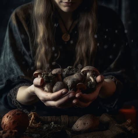 Witchcraft Female Witch S Hands Holding Mushrooms Close Up Stock