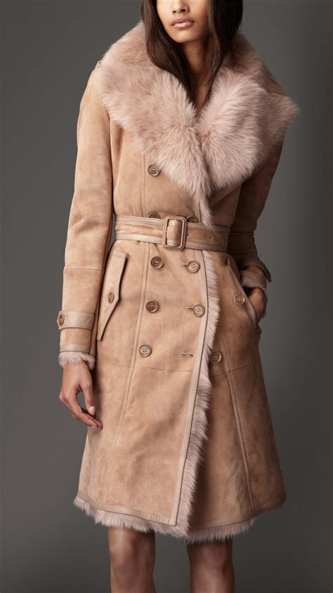 Burberry Long Shearling Trench Coat In Nude Natural Lyst