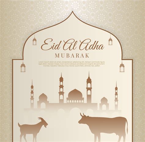 Eid Al Adha Ontwerp Met Moskee Lantaarn Koe En Geit Mubarak