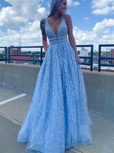 Deep V Neck Light Blue Lace Long Prom Dresses Light Blue Lace Formal