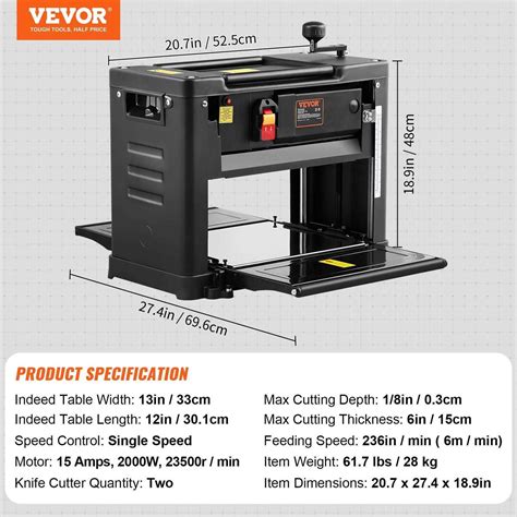 Vevor Thickness Planer Two Blade Width Worktable Benchtop Planer