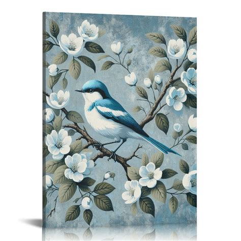 Jeuxus Bird And Flower Wall Art Vintage White Floral Canvas Prints Blue