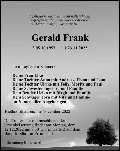 Traueranzeigen Von Gerald Frank Trauer In Thueringen De