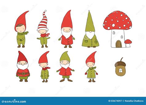 Set Of Cute Cartoon Gnomes Funny Elves Hand Drawing Isolated Objects On White Background