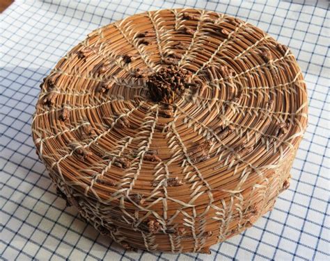 Native American Pine Needle Basket Featuring Pine Leaf Needle Caps As A