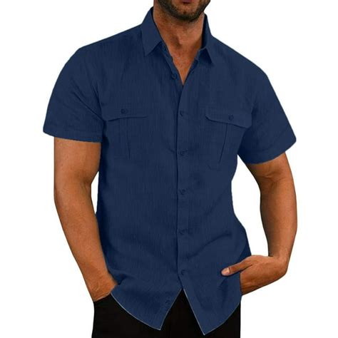 Iopqo Men Shirts Male Casual Solid Top Shirt Double Pocket Short Sleeve Elegant Turn Down Collar