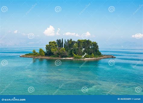 Pontikonisi Or Mouse Island In Ionian Sea Corfu Islandgreece Stock