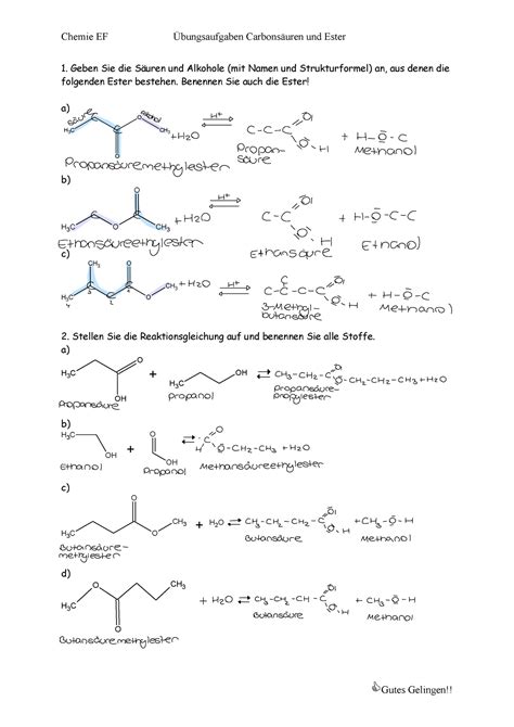 Aufgaben Chemie Chemie EF Übungsaufgaben Carbonsäuren und Ester Gutes