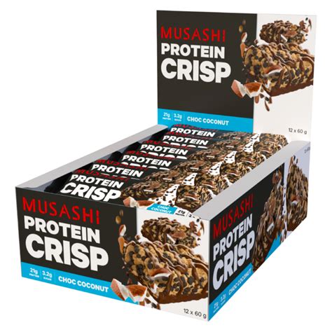 MUSASHI Protein Crisp 12 X 60g Bars Choc Coconut Flavour Discount