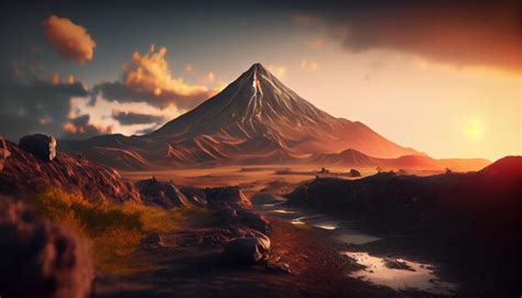 Premium Photo | Prehistoric landscape with volcano at sunset