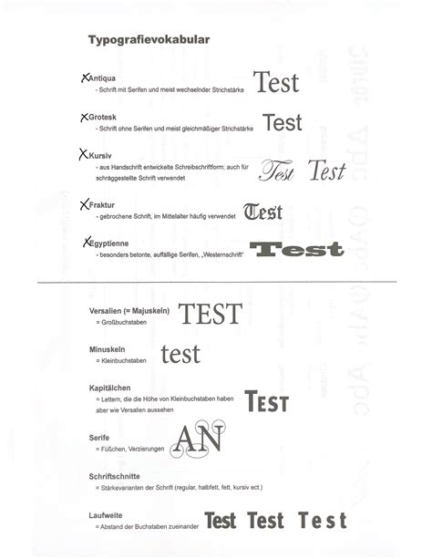 Schriften Zusammenfassung Typografievokabular Antiqua Test Schrift