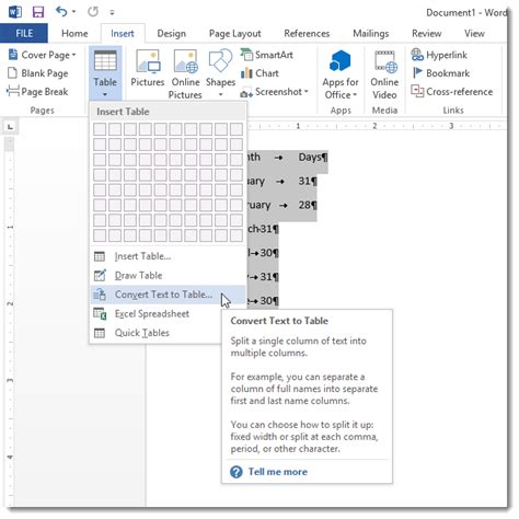 How To Convert Text To A Table And A Table To Text In Word 2013