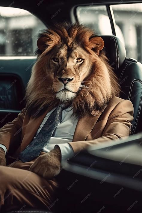 premium photo  lion wearing  suit sits   car