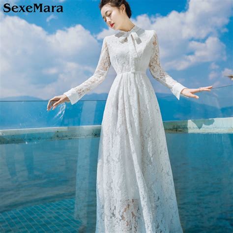 Sexemara 2017 Vintage Spring Autumn White Lace Hollow Out Long Sleeve