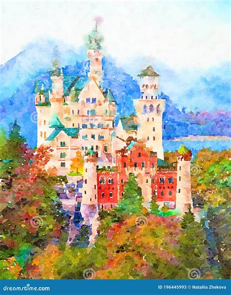 Original Watercolor Painting Of Famous Neuschwanstein Castle Stock