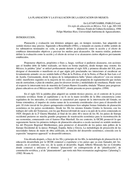 LA PLANEACION Y LA EVALUACION DE LA EDUCACION EN MEXICO En LATAPI