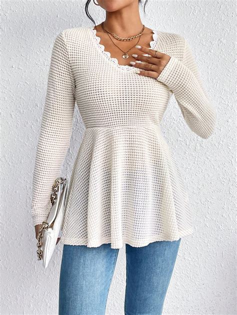 Shein Frenchy Guipure Lace Trim Peplum Hem Waffle Knit Tee Shein Usa