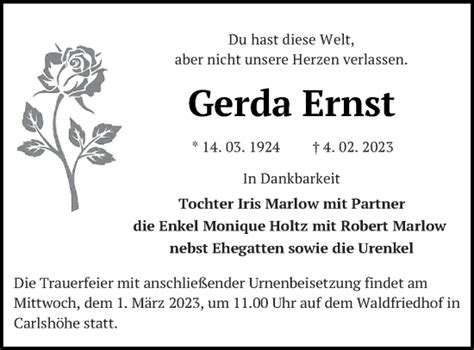 Traueranzeigen Von Gerda Ernst Trauer Nordkurier